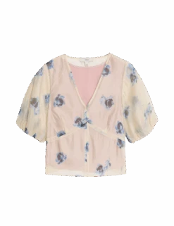 Organza Floral V-Neck Puff Sleeve Blouse -M&S organza floral v neck puff sleeve blouse