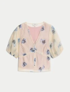 Organza Floral V-Neck Puff Sleeve Blouse -M&S organza floral v neck puff sleeve blouse 5