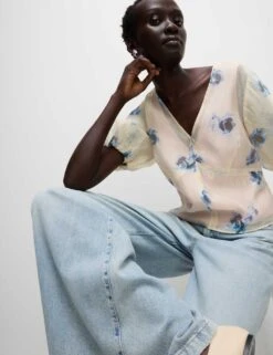 Organza Floral V-Neck Puff Sleeve Blouse -M&S organza floral v neck puff sleeve blouse 6