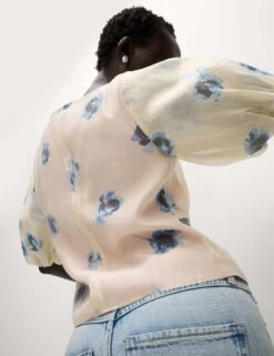 Organza Floral V-Neck Puff Sleeve Blouse -M&S organza floral v neck puff sleeve blouse 7