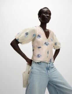 Organza Floral V-Neck Puff Sleeve Blouse -M&S organza floral v neck puff sleeve blouse 9