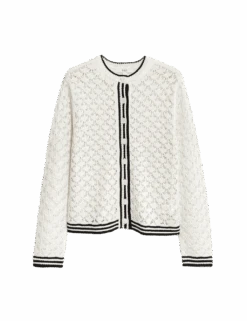 Pointelle Crew Neck Tipped Detail Button Front Cardigan -M&S pointelle crew neck tipped detail button front cardigan