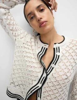 Pointelle Crew Neck Tipped Detail Button Front Cardigan -M&S pointelle crew neck tipped detail button front cardigan 9