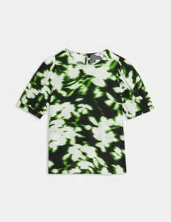 Printed Puff Sleeve Blouse -M&S polka dot crew neck puff sleeve blouse 3