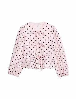 Polka Dot Tie Front Puff Sleeve Blouse -M&S polka dot tie front puff sleeve blouse 1