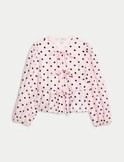 Polka Dot Tie Front Puff Sleeve Blouse -M&S polka dot tie front puff sleeve blouse 10