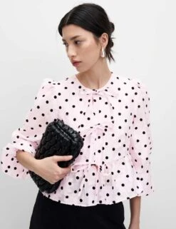 Polka Dot Tie Front Puff Sleeve Blouse -M&S polka dot tie front puff sleeve blouse 11