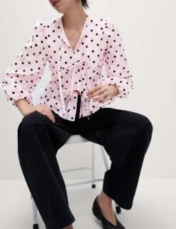 Polka Dot Tie Front Puff Sleeve Blouse -M&S polka dot tie front puff sleeve blouse 14