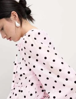 Polka Dot Tie Front Puff Sleeve Blouse -M&S polka dot tie front puff sleeve blouse 16