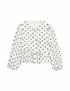 Polka Dot Tie Front Puff Sleeve Blouse -M&S polka dot tie front puff sleeve blouse