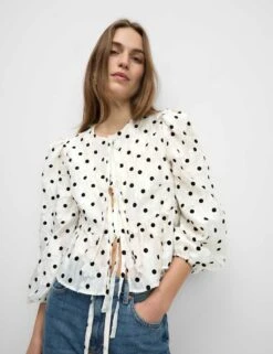 Polka Dot Tie Front Puff Sleeve Blouse -M&S polka dot tie front puff sleeve blouse 7