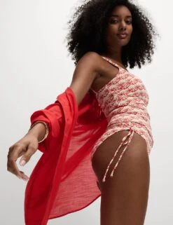 Printed Drawstring High Waisted Bikini Bottoms -M&S printed drawstring high waisted bikini bottoms 12