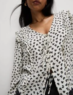 Printed Tie Front Ruffle Blouse 18 Printed Tie Front Ruffle Blouse -M&S printed tie front ruffle blouse 5