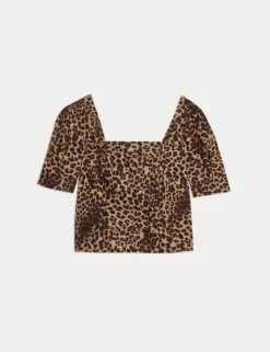 Pure Cotton Animal Print Slim Fit Top -M&S pure cotton animal print corset top