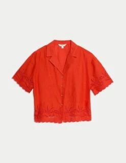 Pure Cotton Broderie Collared Button Through Beach Shirt -M&S pure cotton broderie collared button through beach shirt 10