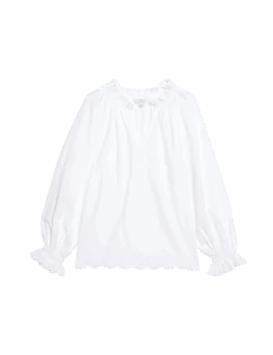 Pure Cotton Broderie Frill Detail Blouse -M&S pure cotton broderie frill detail blouse