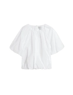 Pure Cotton Bubble Hem Puff Sleeve Top -M&S pure cotton bubble hem puff sleeve top