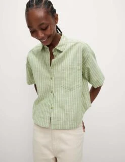 Pure Cotton Cropped Striped Shirt -M&S pure cotton cropped striped shirt 11