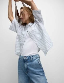 Pure Cotton Cropped Striped Shirt -M&S pure cotton cropped striped shirt 15