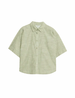 Pure Cotton Cropped Striped Shirt -M&S pure cotton cropped striped shirt