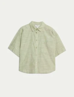 Pure Cotton Cropped Striped Shirt -M&S pure cotton cropped striped shirt 7