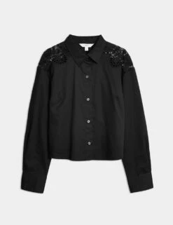 Pure Cotton Cutwork Detail Cropped Shirt -M&S pure cotton cutwork detail cropped shirt 11