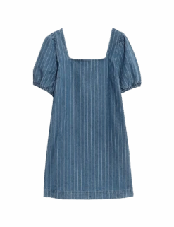 Pure Cotton Denim Striped Mini Shift Dress -M&S pure cotton denim striped mini shift dress