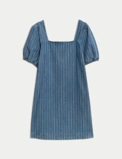 Pure Cotton Denim Striped Mini Shift Dress -M&S pure cotton denim striped mini shift dress 9