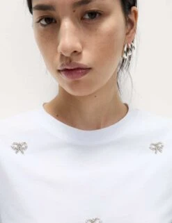 Pure Cotton Bow Detail Embellished Top -M&S pure cotton embellished top 1