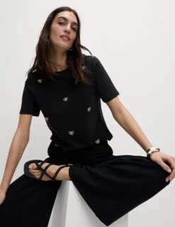Pure Cotton Bow Detail Embellished Top -M&S pure cotton embellished top 11