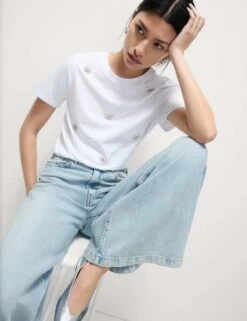 Pure Cotton Bow Detail Embellished Top -M&S pure cotton embellished top 3