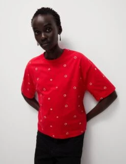 Pure Cotton Floral T-Shirt -M&S pure cotton floral t shirt 14