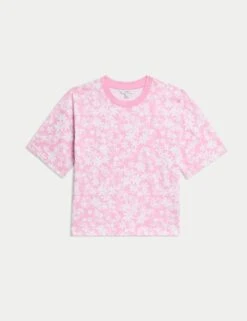 Pure Cotton Floral T-Shirt -M&S pure cotton floral t shirt 16