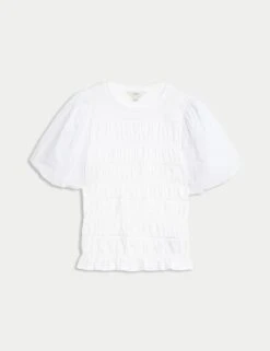 Pure Cotton Jersey Smocked Puff Sleeve Top -M&S pure cotton jersey smocked puff sleeve top 14