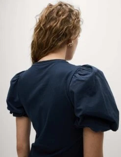 Pure Cotton Jersey Smocked Puff Sleeve Top -M&S pure cotton jersey smocked puff sleeve top 5