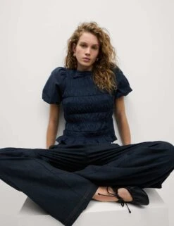 Pure Cotton Jersey Smocked Puff Sleeve Top -M&S pure cotton jersey smocked puff sleeve top 8