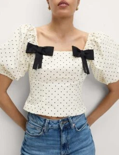 Pure Cotton Square Neck Polka Dot Bow Top -M&S pure cotton polka dot bow puff sleeve top 1