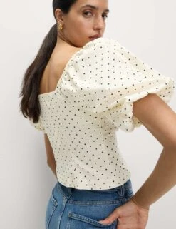 Pure Cotton Square Neck Polka Dot Bow Top -M&S pure cotton polka dot bow puff sleeve top 2