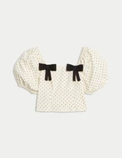 Pure Cotton Square Neck Polka Dot Bow Top -M&S pure cotton polka dot bow puff sleeve top