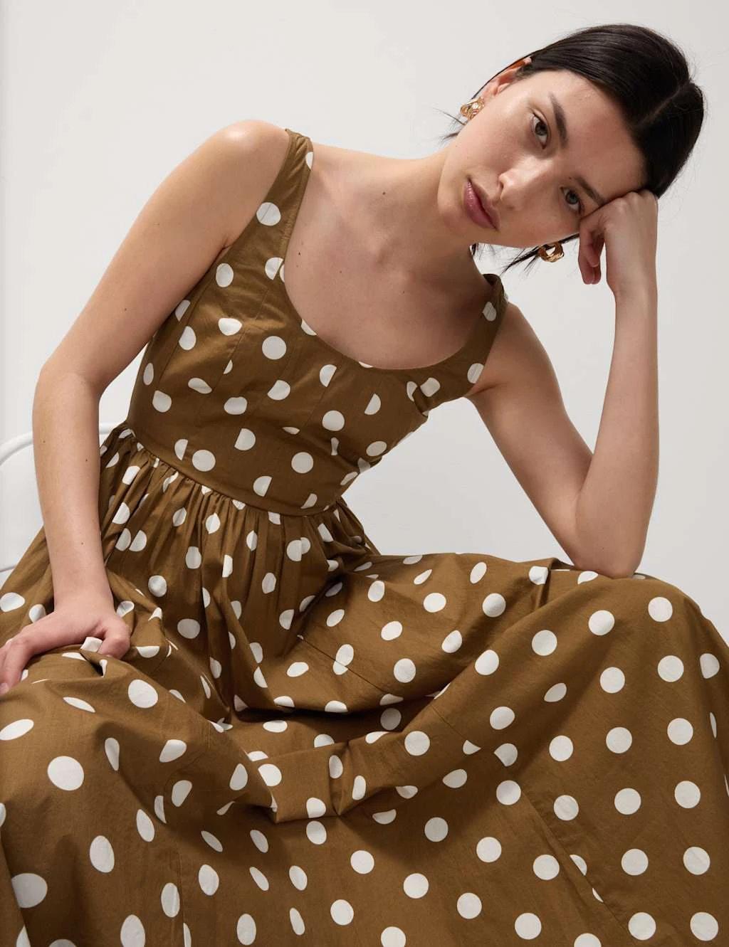 Pure Cotton Polka Dot Scoop Neck Midi Waisted Dress 10 Pure Cotton Polka Dot Scoop Neck Midi Waisted Dress - Image 8