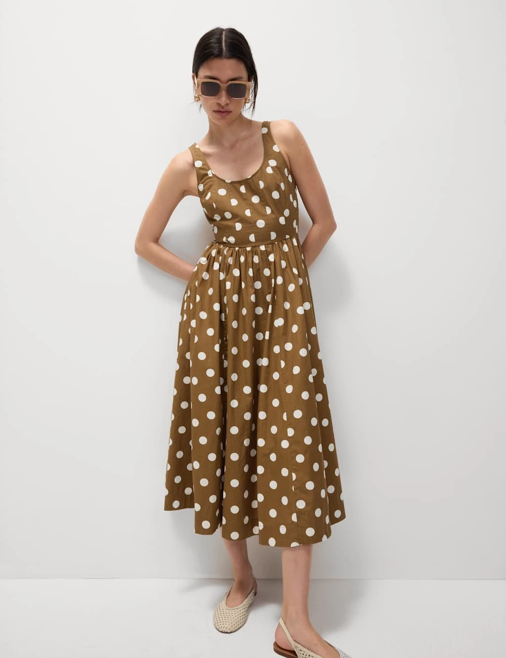 Pure Cotton Polka Dot Scoop Neck Midi Waisted Dress 13 Pure Cotton Polka Dot Scoop Neck Midi Waisted Dress - Image 11