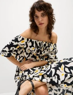 Pure Cotton Printed Bardot Midaxi Dress -M&S pure cotton printed bardot midaxi dress 6