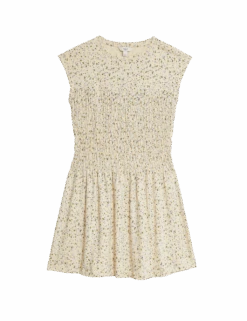Pure Cotton Printed Mini Shirred Dress -M&S pure cotton printed mini shirred dress