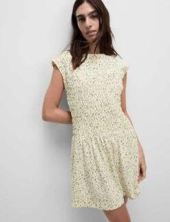 Pure Cotton Printed Mini Shirred Dress -M&S pure cotton printed mini shirred dress 6