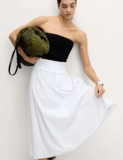 Pure Cotton Shirred Midi A-Line Skirt -M&S pure cotton shirred midi a line skirt 7