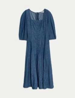 Pure Cotton Square Neck Midi Skater Dress -M&S pure cotton square neck midi skater dress 10