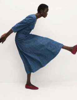 Pure Cotton Square Neck Midi Skater Dress -M&S pure cotton square neck midi skater dress 8