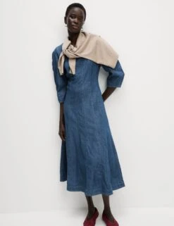 Pure Cotton Square Neck Midi Skater Dress -M&S pure cotton square neck midi skater dress 9