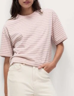 Pure Cotton Relaxed Striped Boxy T-Shirt -M&S pure cotton striped boxy t shirt 1
