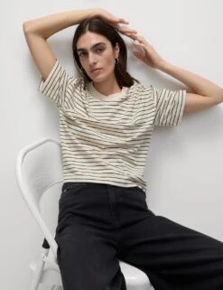 Pure Cotton Relaxed Striped Boxy T-Shirt -M&S pure cotton striped boxy t shirt 10